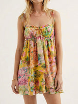 Boho Floral Tie Shoulder Resort Chiffon Babydoll Mini Dress