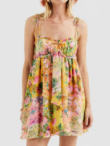 Boho Floral Tie Shoulder Resort Chiffon Babydoll Mini Dress
