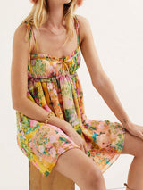Boho Floral Tie Shoulder Resort Chiffon Babydoll Mini Dress