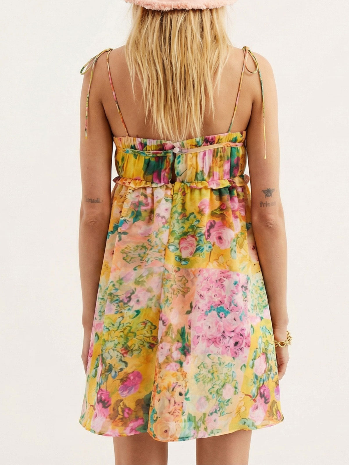 Boho Floral Tie Shoulder Resort Chiffon Babydoll Mini Dress