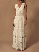 Boho Fringe V Neck Crochet Floral Lace Resort Sleeveless Maxi Dress
