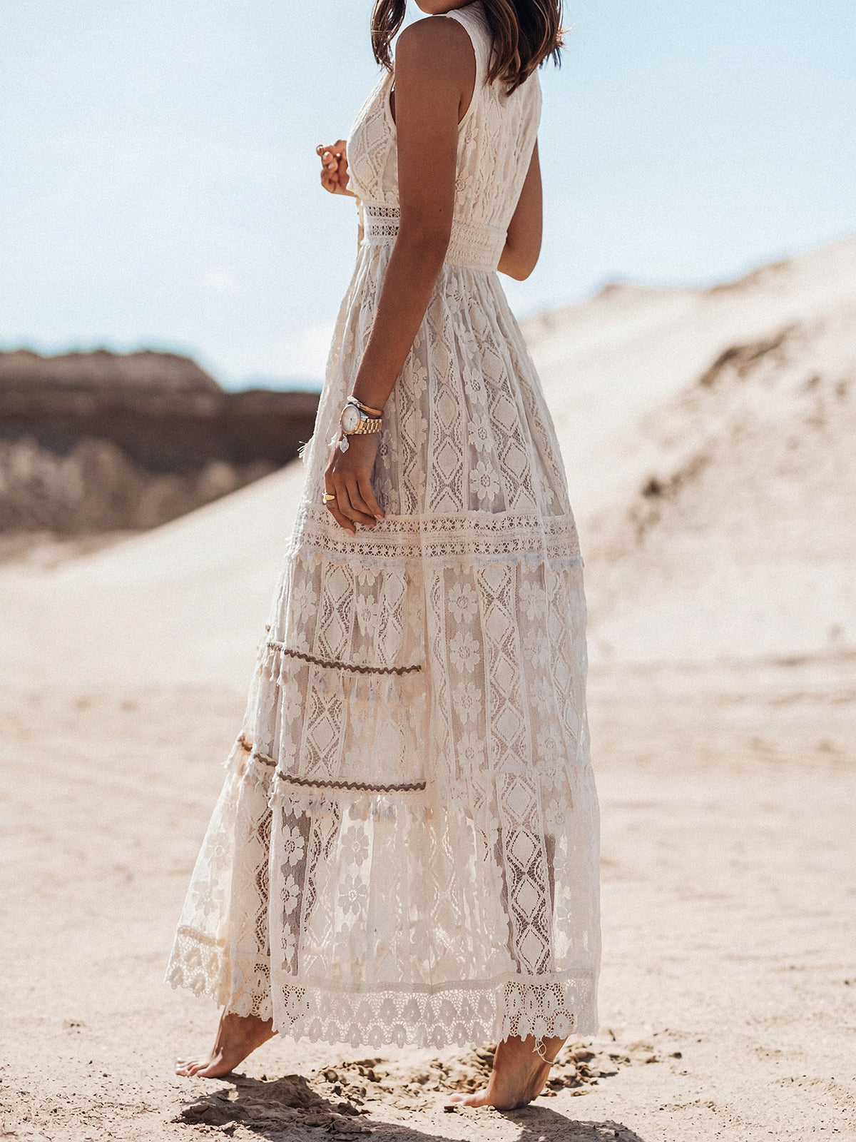 Boho Fringe V Neck Crochet Floral Lace Resort Sleeveless Maxi Dress