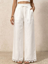 Boho Front Tie High Waist Pocket Trim Lace Trim Wide Leg Resort Pants