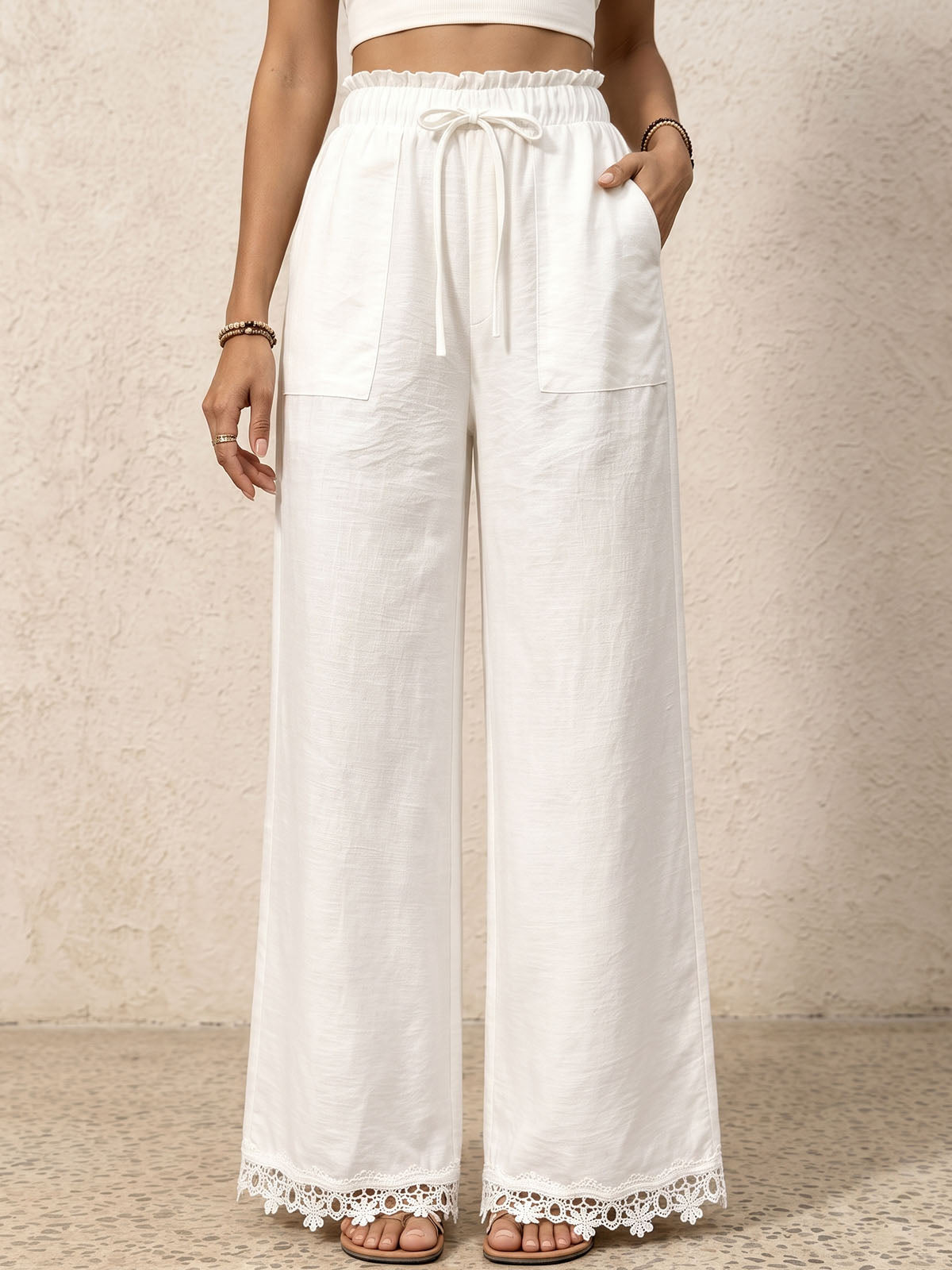 Boho Front Tie High Waist Pocket Trim Lace Trim Wide Leg Resort Pants