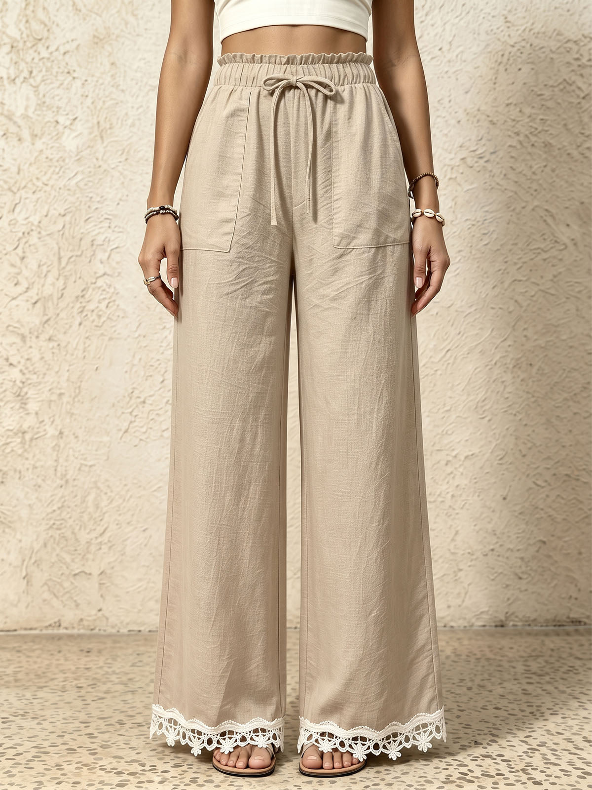Boho Front Tie High Waist Pocket Trim Lace Trim Wide Leg Resort Pants