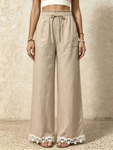 Boho Front Tie High Waist Pocket Trim Lace Trim Wide Leg Resort Pants