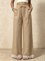 Boho Front Tie High Waist Pocket Trim Lace Trim Wide Leg Resort Pants