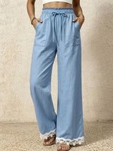 Boho Front Tie High Waist Pocket Trim Lace Trim Wide Leg Resort Pants