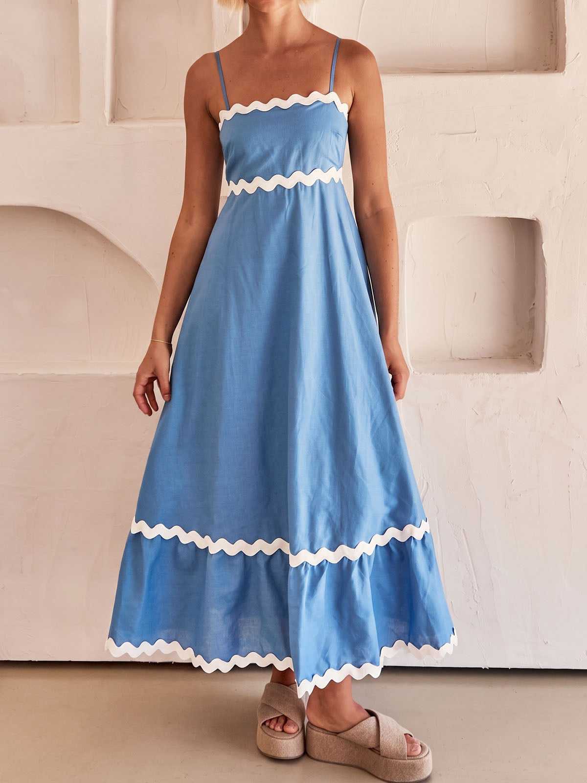 Boho Ric Rac Square Neck Empire Waist Resort Babydoll Slip Maxi Dress