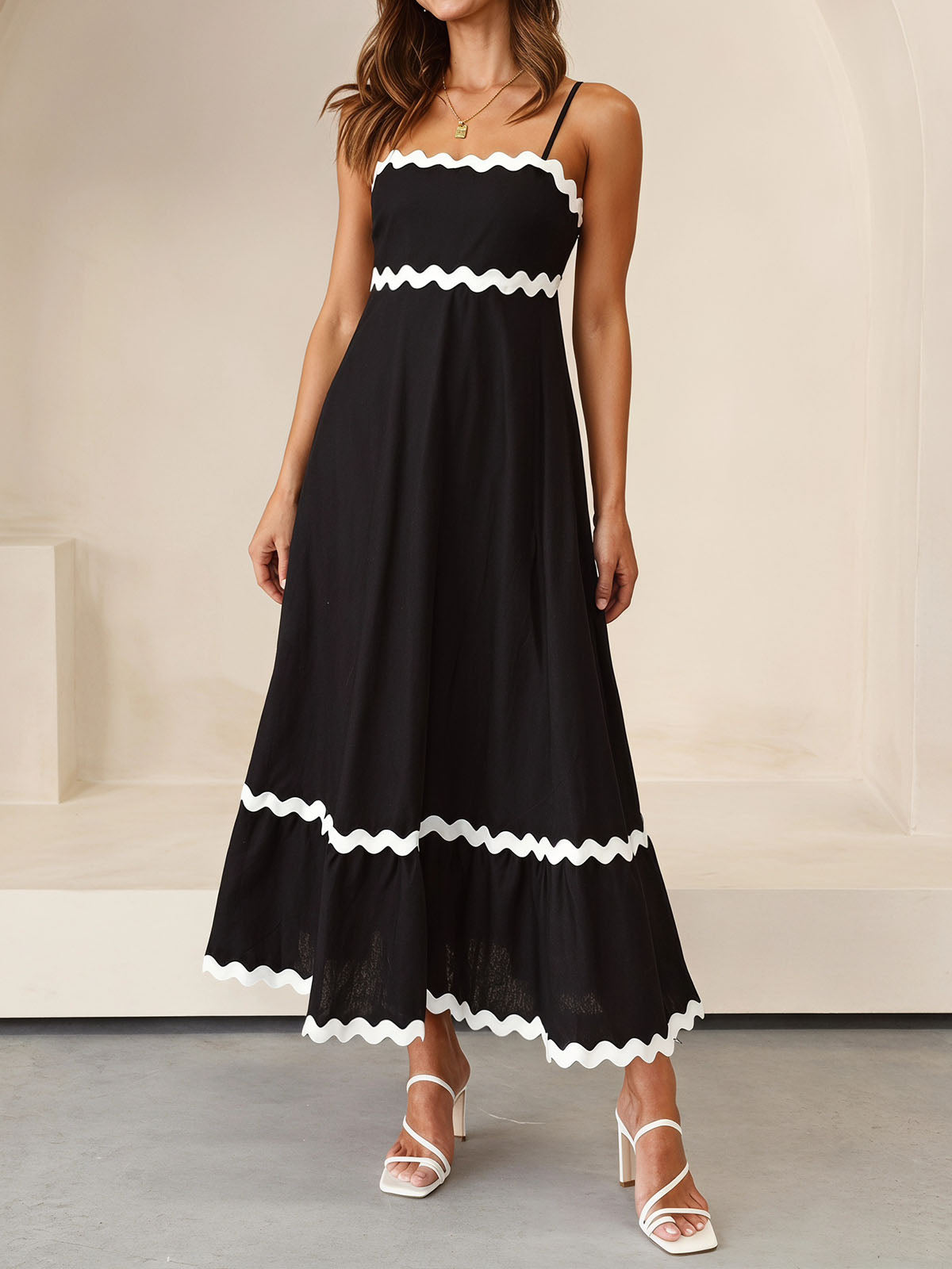 Boho Ric Rac Square Neck Empire Waist Resort Babydoll Slip Maxi Dress
