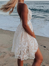 Boho Scalloped Deep V Resort Floral Embroidered Lace Slip Mini Dress