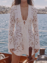 Boho Scalloped V Neck Bow Tie Long Sleeve Cutwork Lace Mini Dress