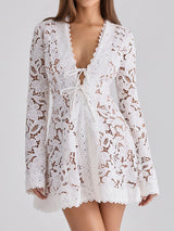 Boho Scalloped V Neck Bow Tie Long Sleeve Cutwork Lace Mini Dress