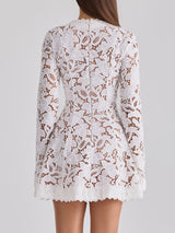 Boho Scalloped V Neck Bow Tie Long Sleeve Cutwork Lace Mini Dress