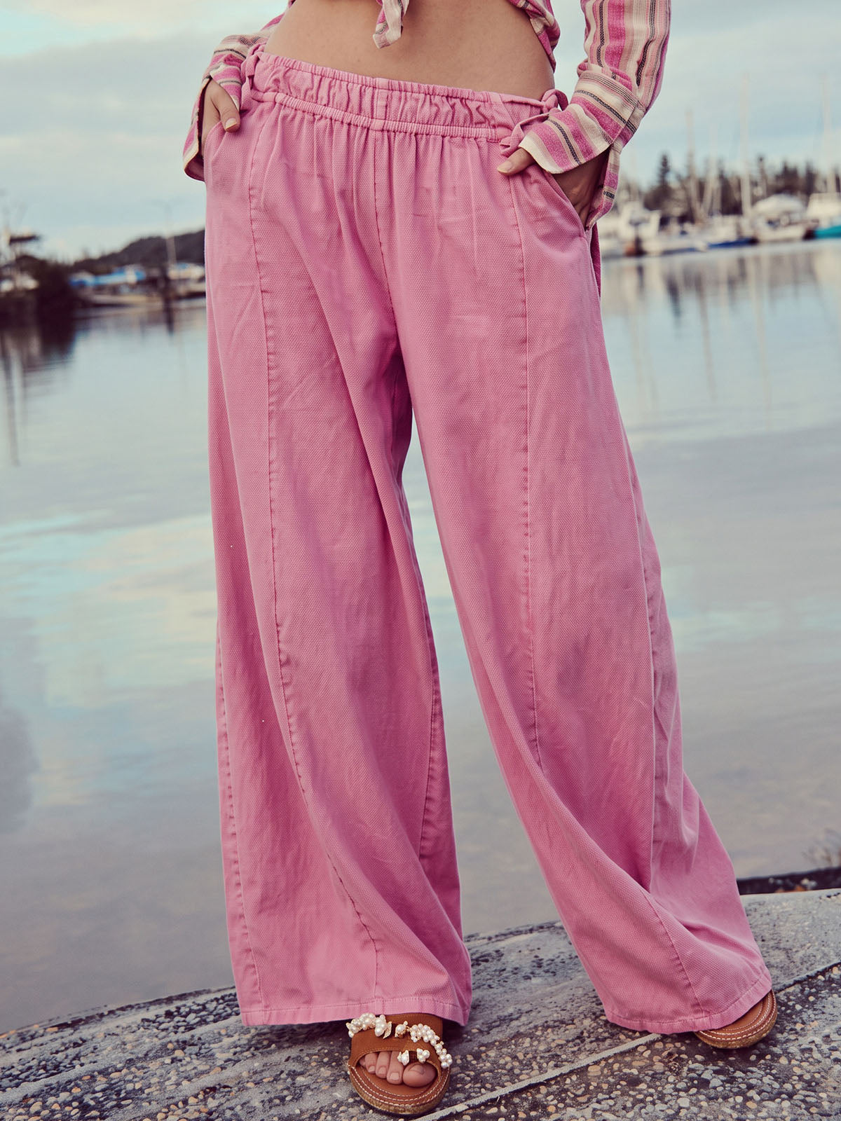 Boho Side Tie High Waist Wide Leg Linen Blend Resort Palazzo Pants