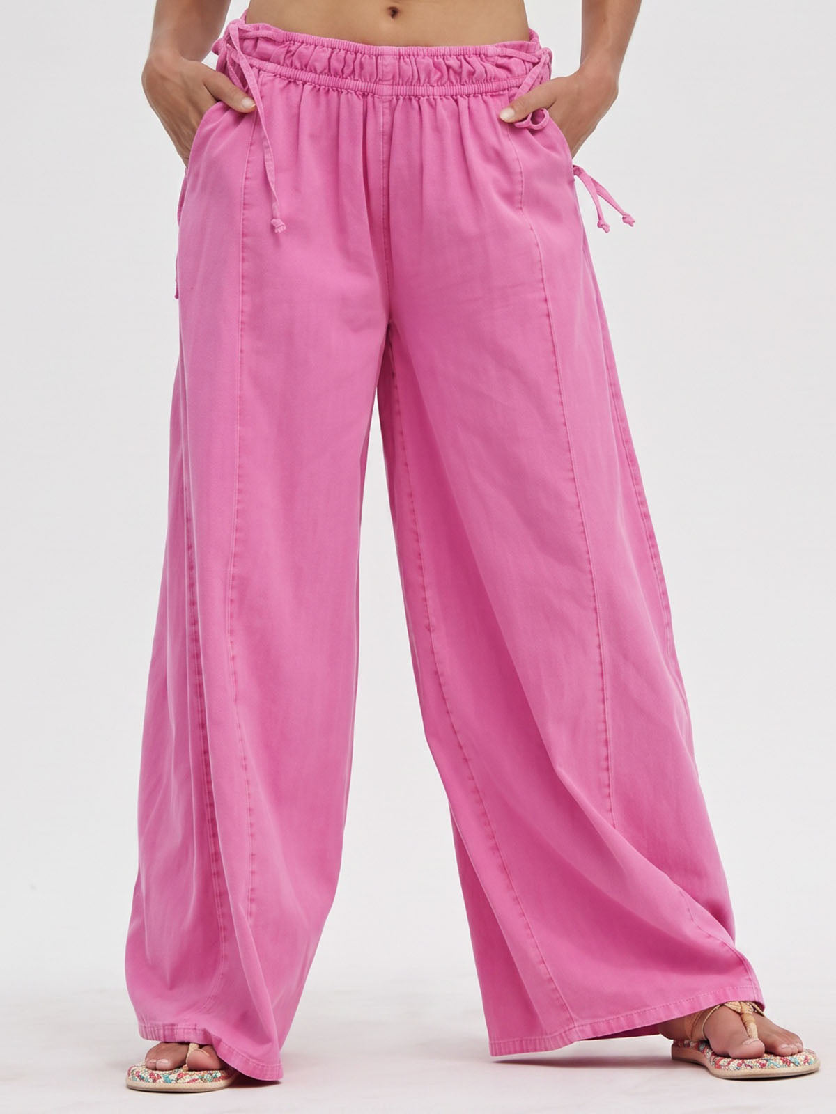Boho Side Tie High Waist Wide Leg Linen Blend Resort Palazzo Pants