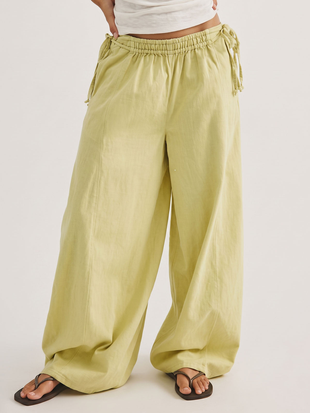 Boho Side Tie High Waist Wide Leg Linen Blend Resort Palazzo Pants