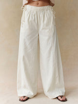 Boho Side Tie High Waist Wide Leg Linen Blend Resort Palazzo Pants