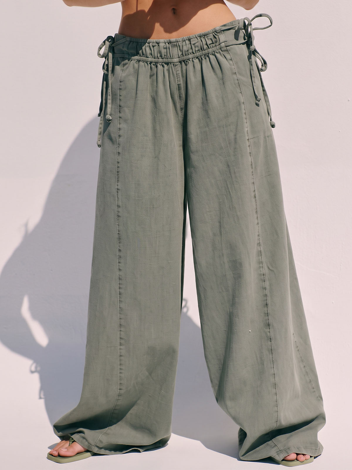 Boho Side Tie High Waist Wide Leg Linen Blend Resort Palazzo Pants
