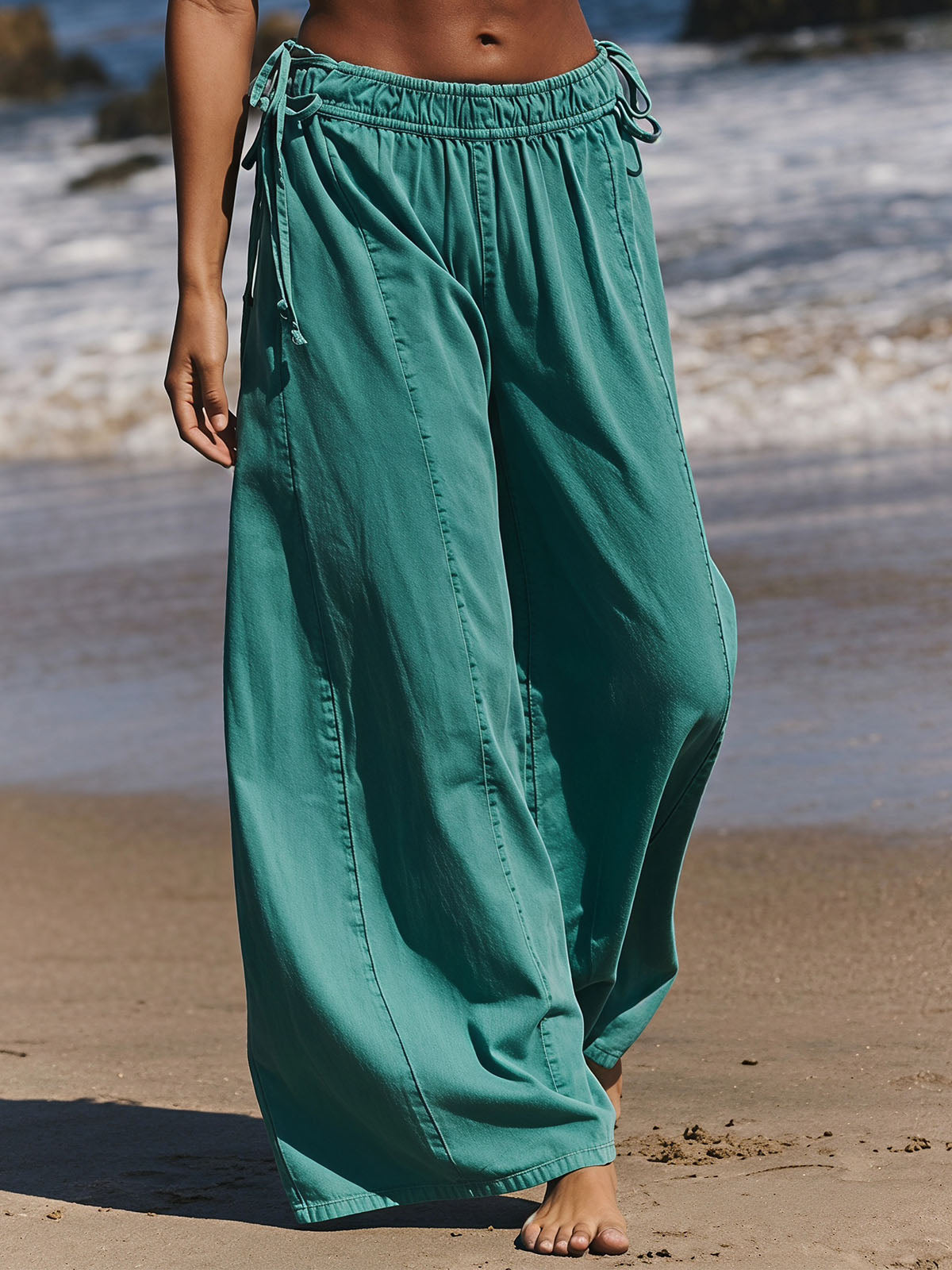 Boho Side Tie High Waist Wide Leg Linen Blend Resort Palazzo Pants