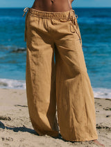 Boho Side Tie High Waist Wide Leg Linen Blend Resort Palazzo Pants