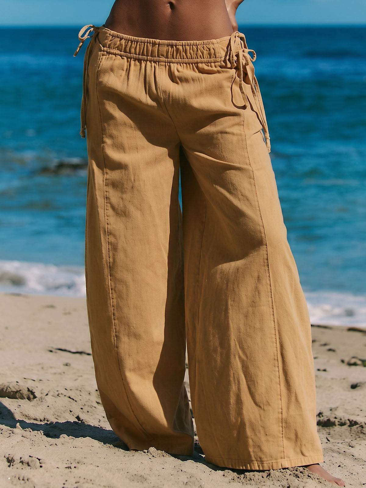 Boho Side Tie High Waist Wide Leg Linen Blend Resort Palazzo Pants