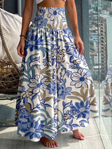 Boho Smocked High Waist Tropical Print Wide Leg Resort Palazzo Pants