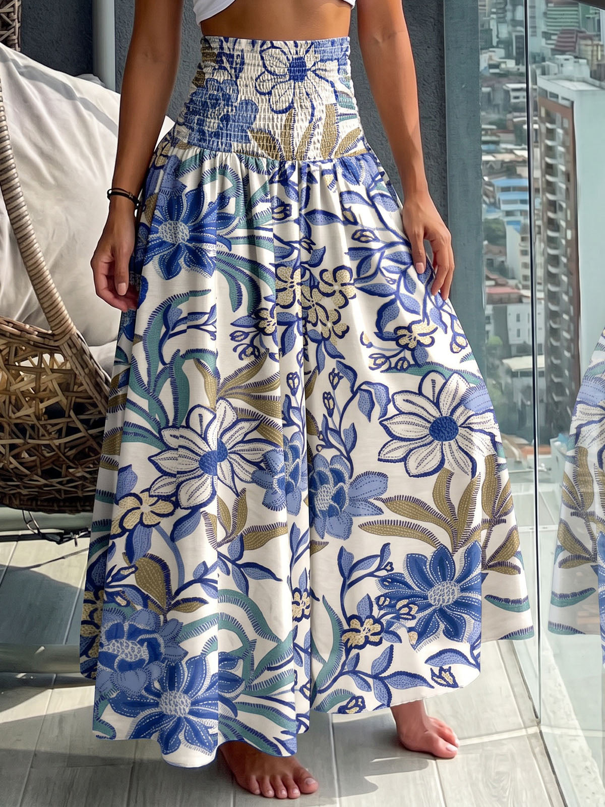 Boho Smocked High Waist Tropical Print Wide Leg Resort Palazzo Pants