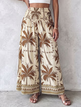 Boho Smocked High Waist Tropical Print Wide Leg Resort Palazzo Pants