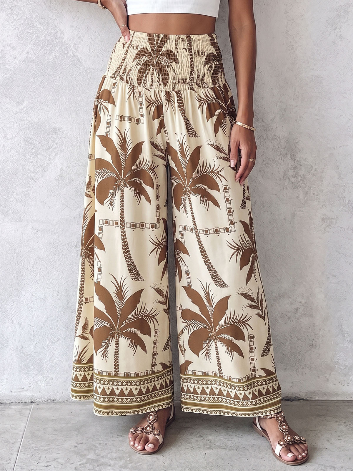 Boho Smocked High Waist Tropical Print Wide Leg Resort Palazzo Pants