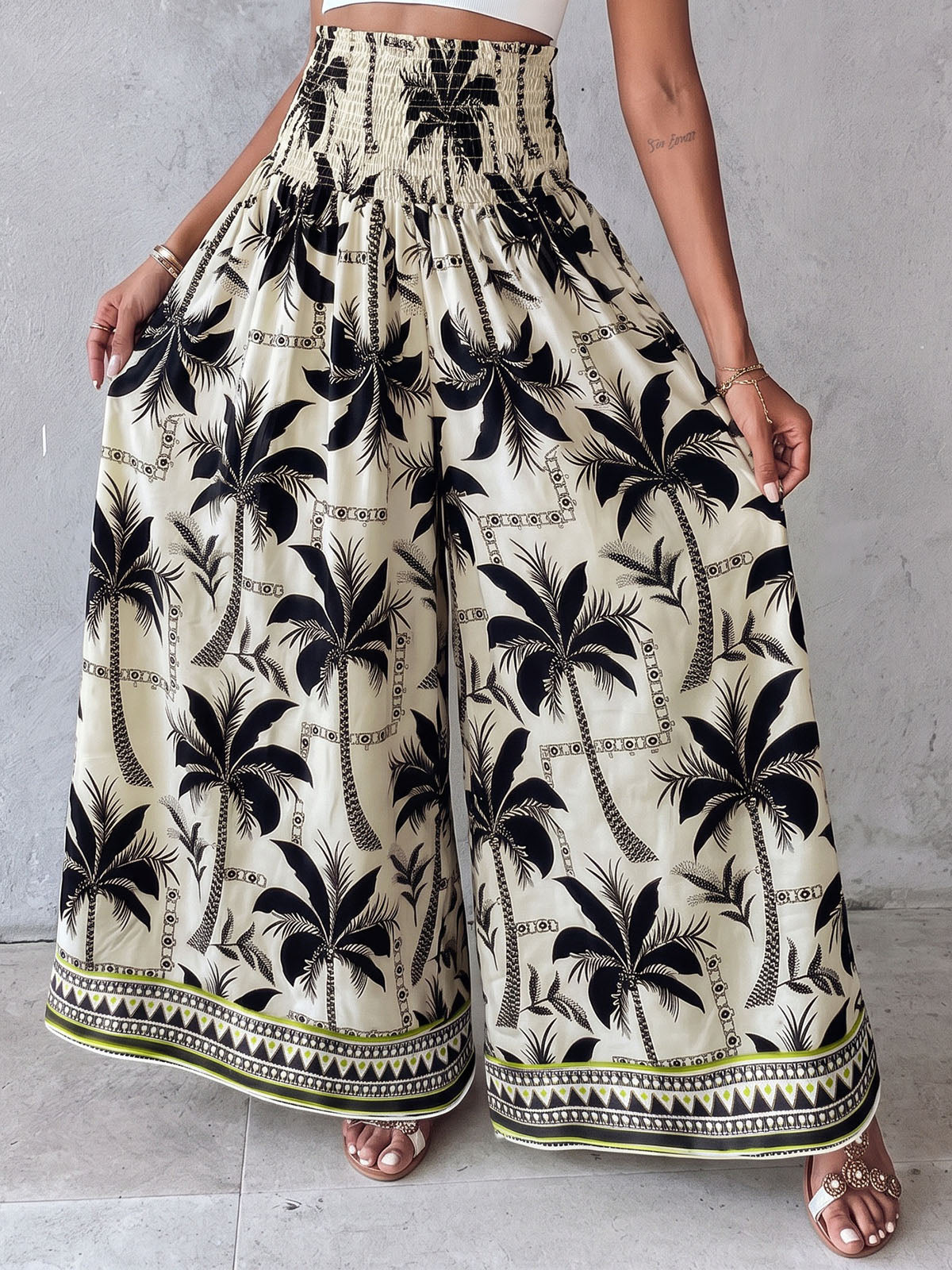 Boho Smocked High Waist Tropical Print Wide Leg Resort Palazzo Pants