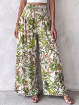 Boho Smocked High Waist Tropical Print Wide Leg Resort Palazzo Pants