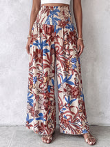 Boho Smocked High Waist Tropical Print Wide Leg Resort Palazzo Pants
