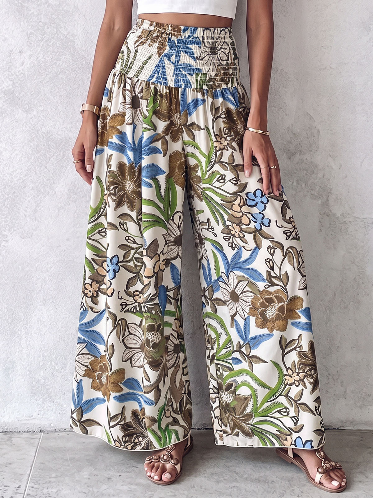 Boho Smocked High Waist Tropical Print Wide Leg Resort Palazzo Pants
