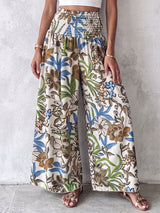 Boho Smocked High Waist Tropical Print Wide Leg Resort Palazzo Pants