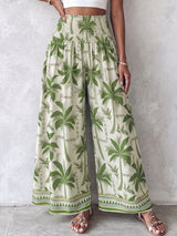 Boho Smocked High Waist Tropical Print Wide Leg Resort Palazzo Pants