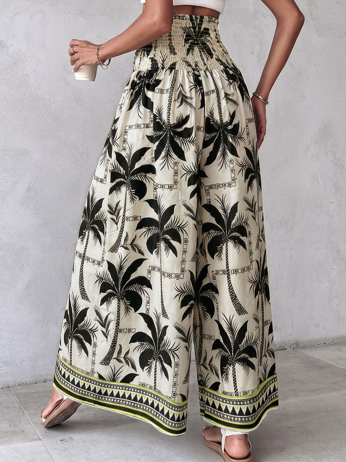 Boho Smocked High Waist Tropical Print Wide Leg Resort Palazzo Pants