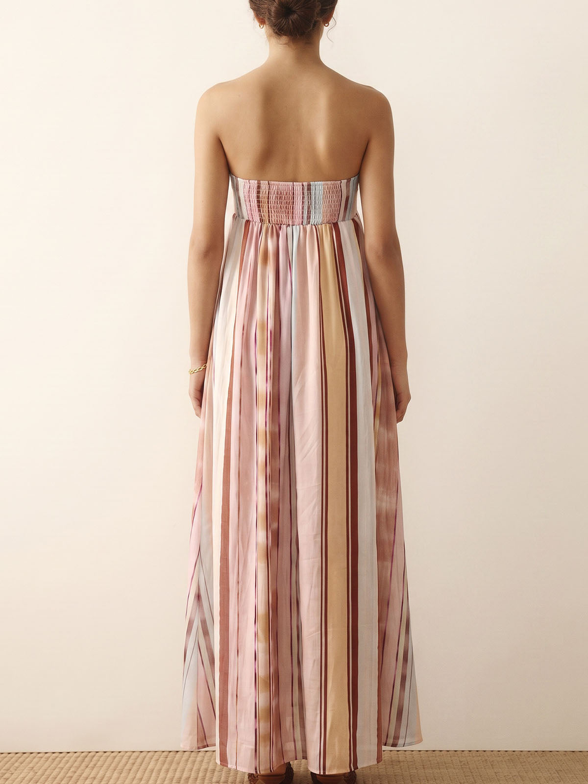 Boho Strapless Empire Waist Smocked Back Resort Striped Maxi Dress