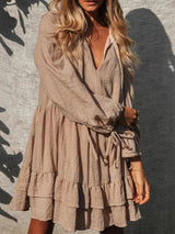 Boho Tie Neck Layered Balloon Sleeve Ruffle Resort Babydoll Mini Dress