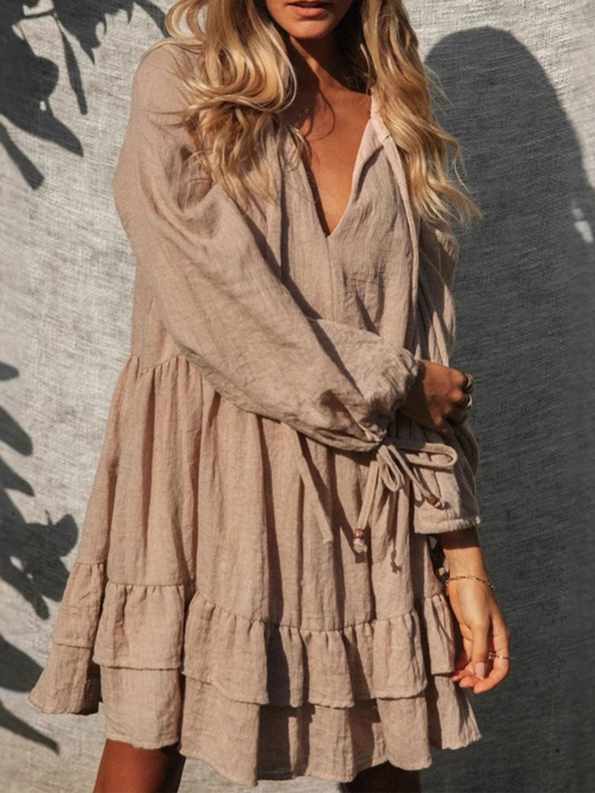 Boho Tie Neck Layered Balloon Sleeve Ruffle Resort Babydoll Mini Dress