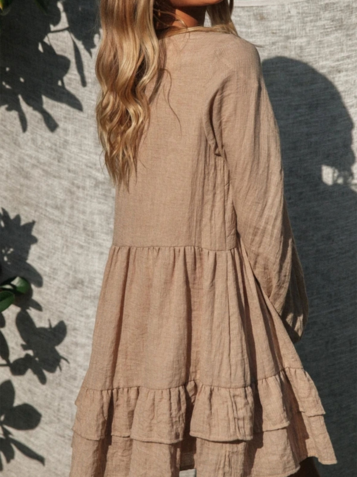Boho Tie Neck Layered Balloon Sleeve Ruffle Resort Babydoll Mini Dress