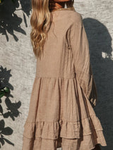 Boho Tie Neck Layered Balloon Sleeve Ruffle Resort Babydoll Mini Dress