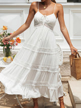 Boho Tie Neck Smocked Back Resort Crochet Tiered Midi Sundress