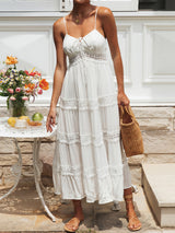 Boho Tie Neck Smocked Back Resort Crochet Tiered Midi Sundress