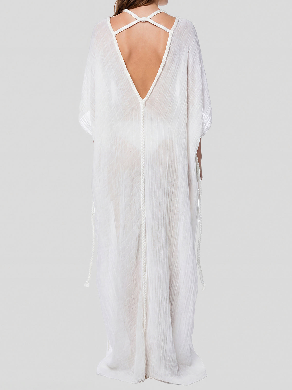 Braided Rope V Neck Wide Sleeve Oversized Resort Kaftan Maxi Dress