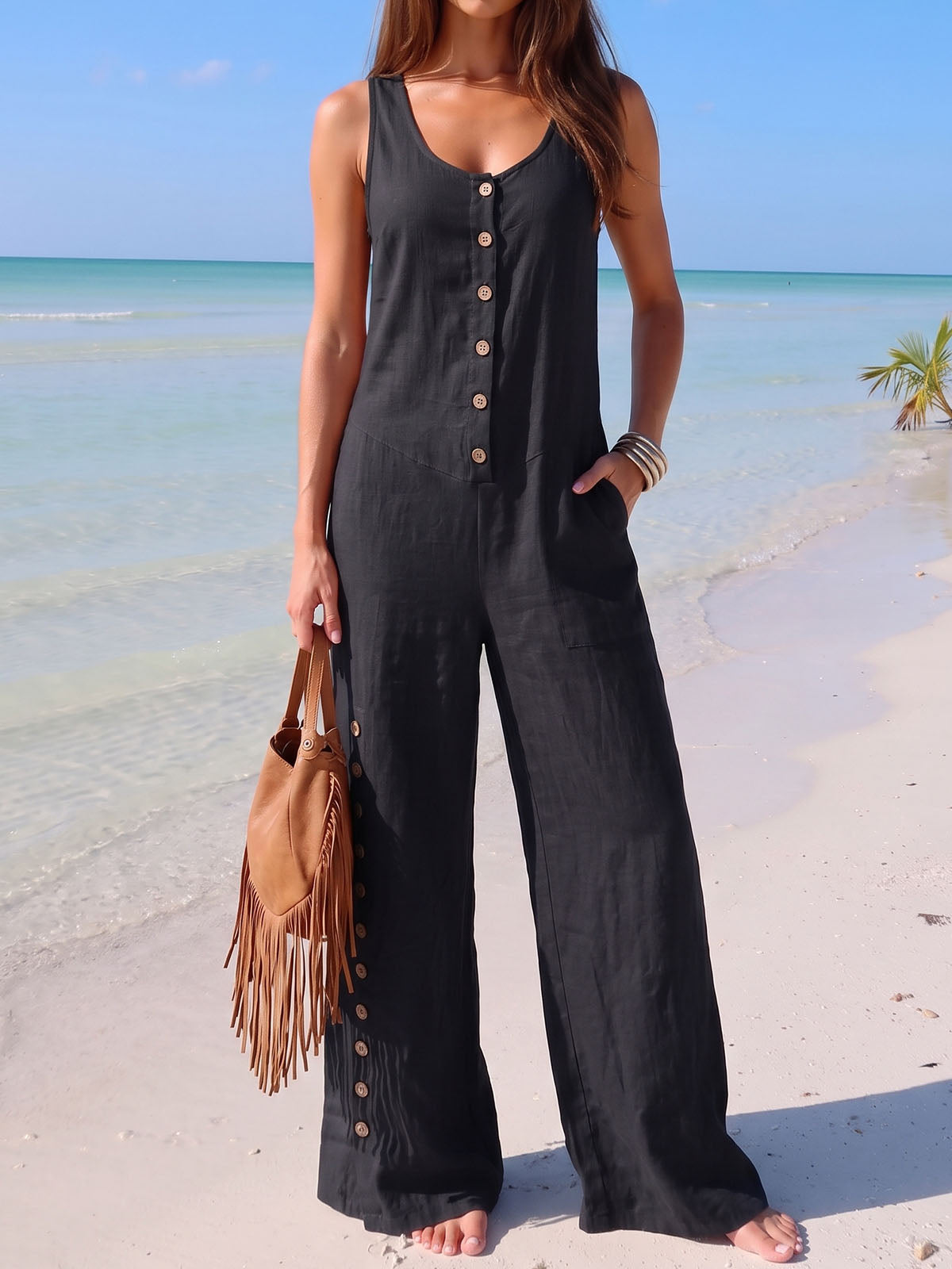 Breezy Button Up Scoop Neck Wide Leg Resort Sleeveless Jumpsuits