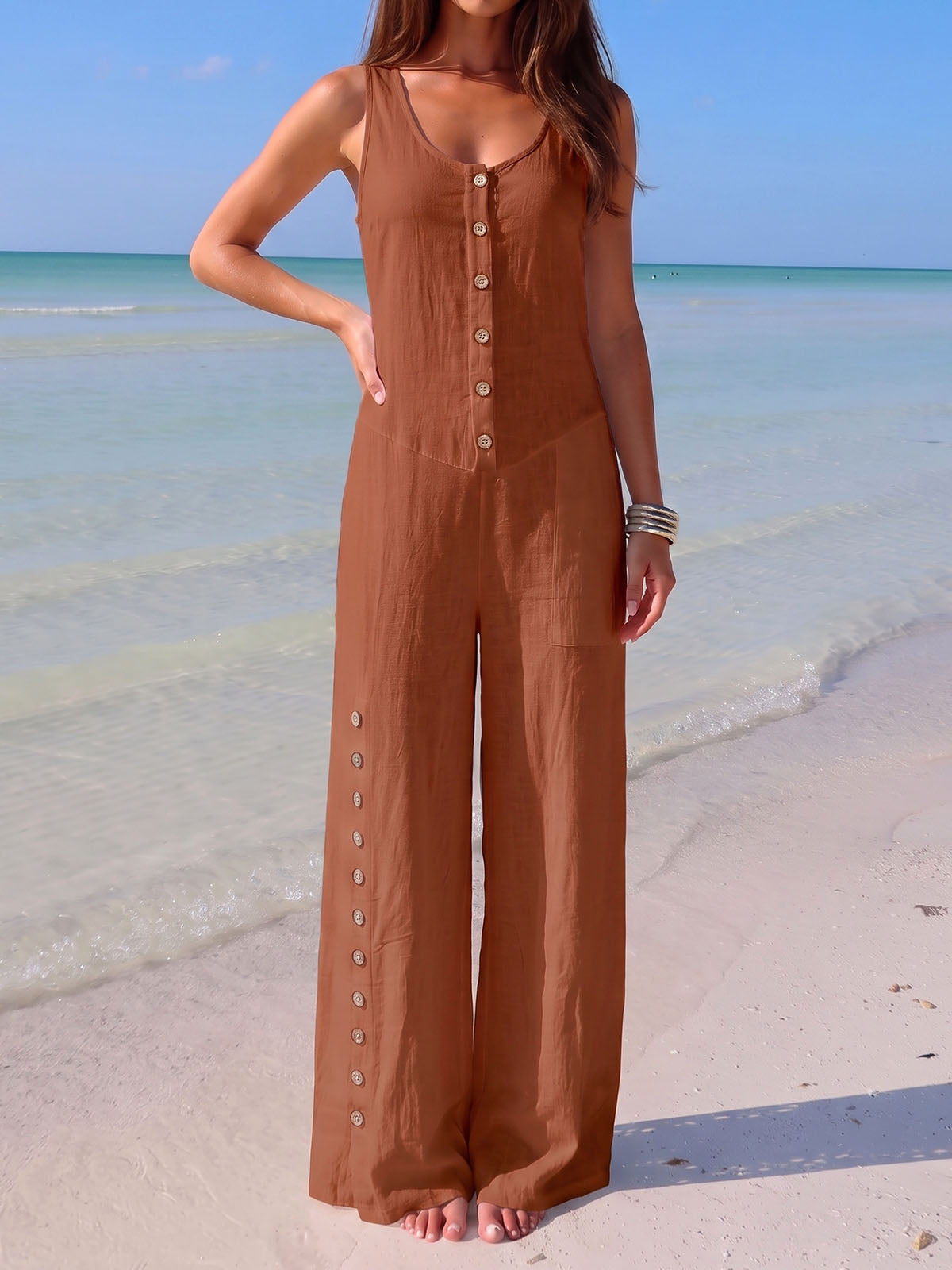 Breezy Button Up Scoop Neck Wide Leg Resort Sleeveless Jumpsuits