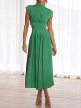 Breezy High Neck Cap Sleeve Summer Resort Ruched Cutout Maxi Dress