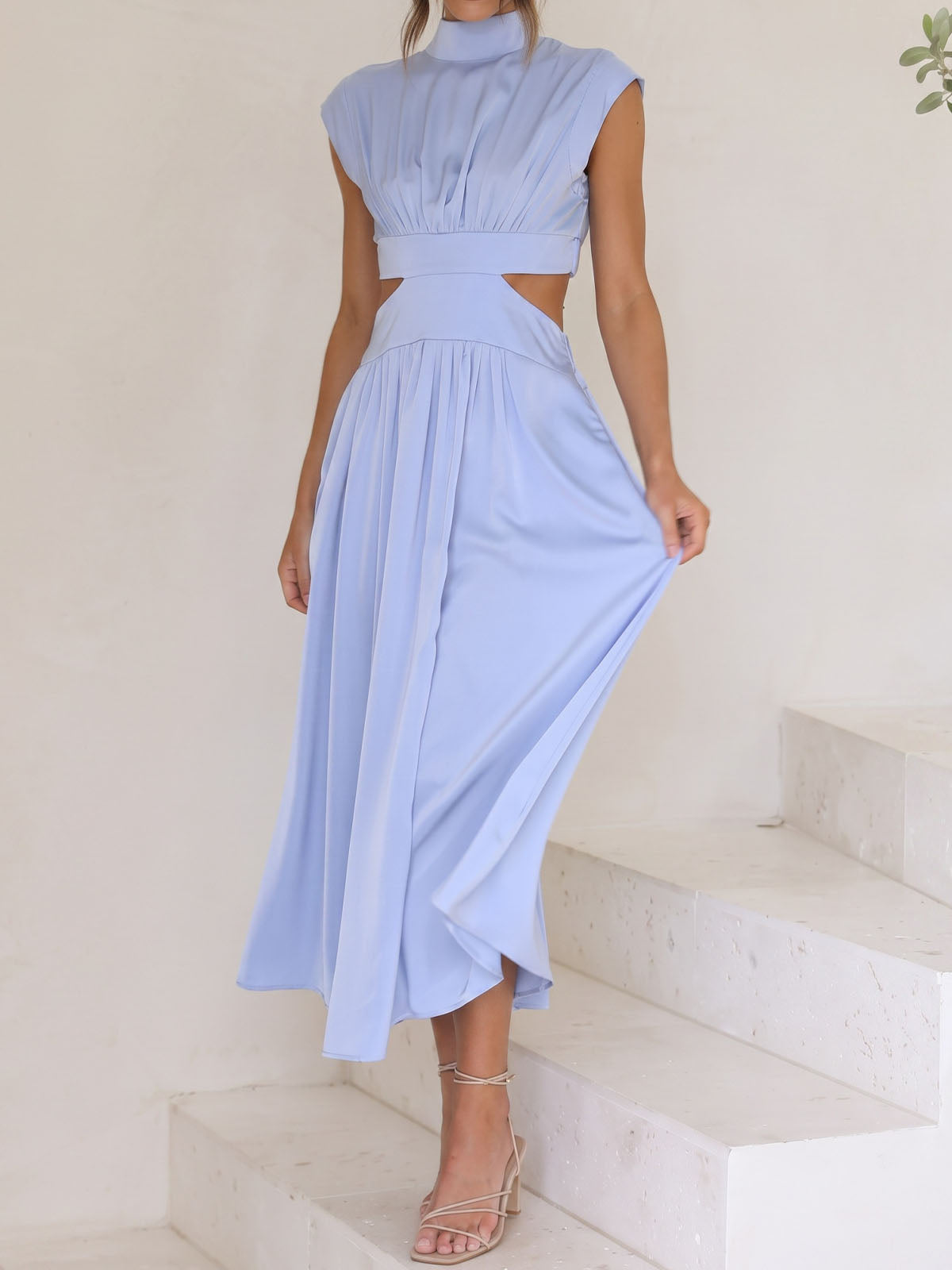 Breezy High Neck Cap Sleeve Summer Resort Ruched Cutout Maxi Dress