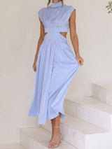 Breezy High Neck Cap Sleeve Summer Resort Ruched Cutout Maxi Dress